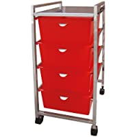Laroom Carrito Ancho 4 cajones- Chrome Acero Inoxidable Structure y PP Drawers- Rojo